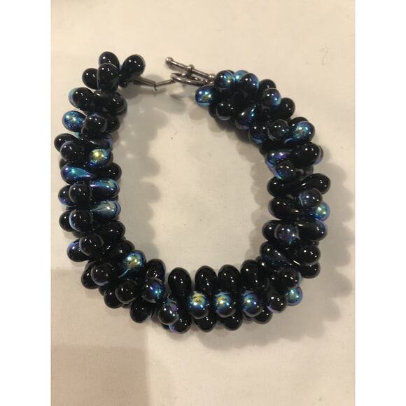 Bracelet Blue Black Sea Glass Tear Drop Beads Iridescent Possible Sterling Clasp - Picture 1 of 6